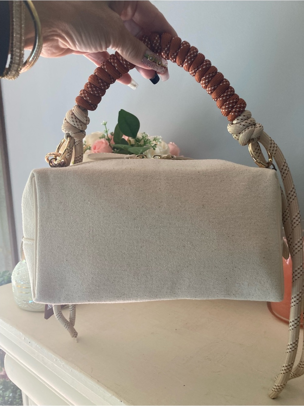 Burberry Cream Canvas Top-Handle Satchel with Brown Accents - Picture 3 of 8